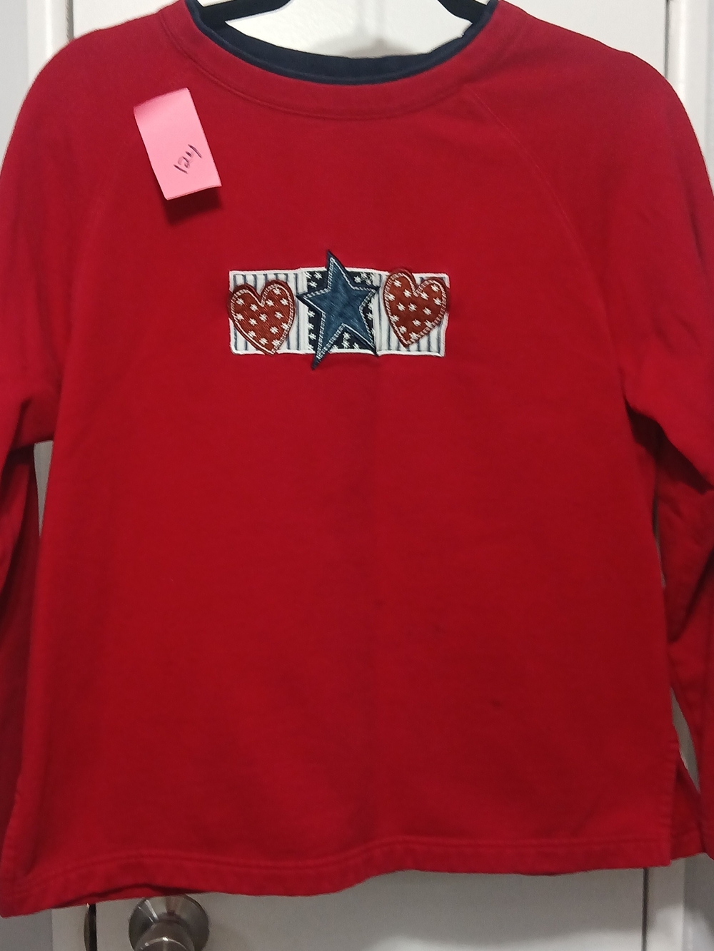 Women's Red Long-Sleeve Top with Star & Hearts Appliqué